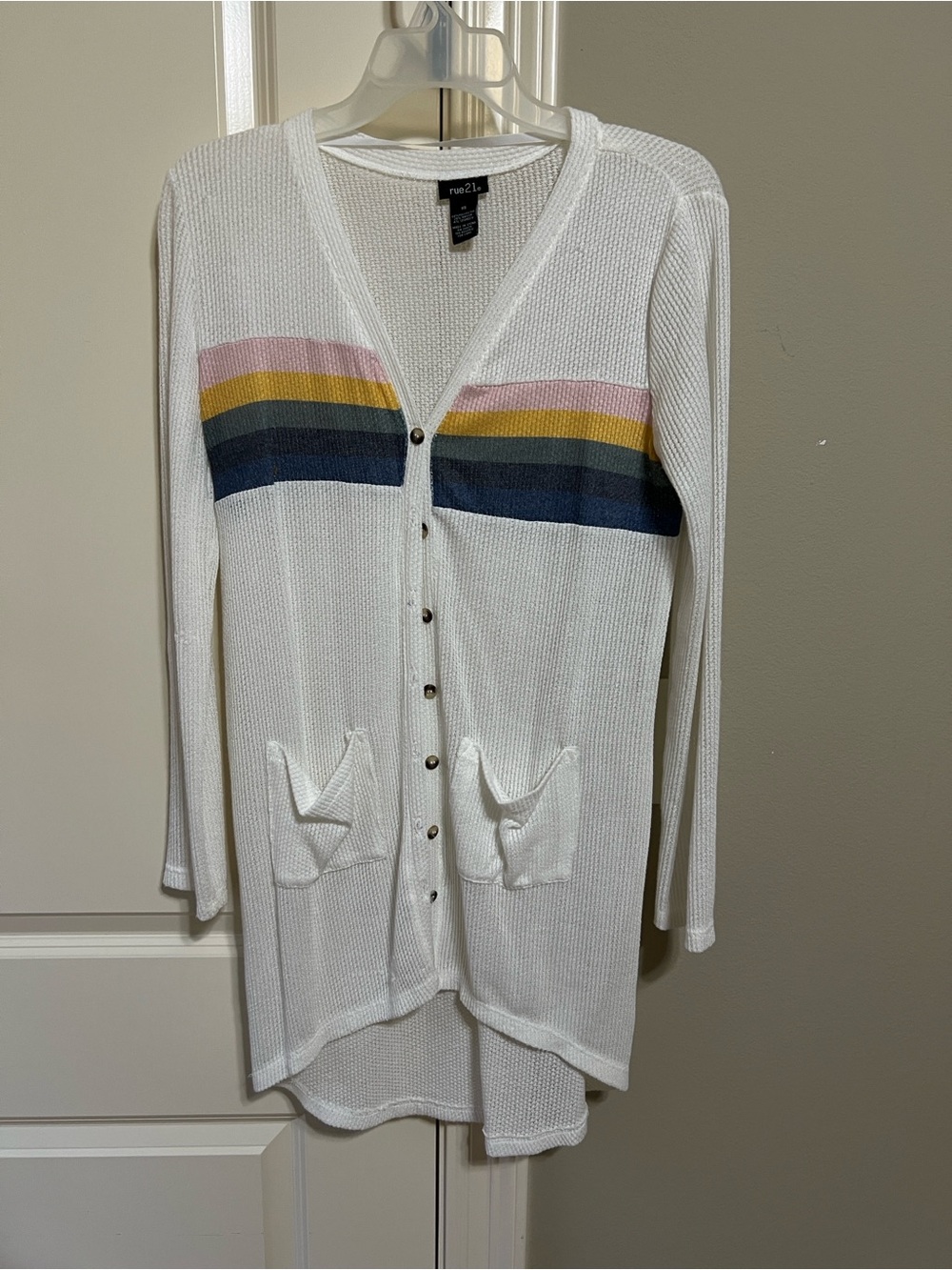 Rue21 White Button-Front Cardigan with Pink, Yellow, Green and Blue Stripes